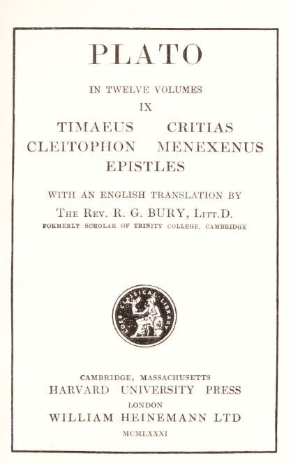 Plato : Timaeus, Critias, Cleitophon, Menexenus, Eristles